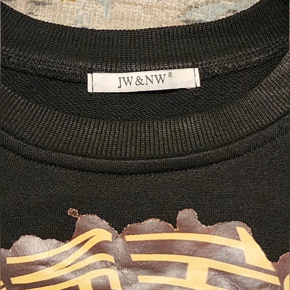 JW&NW Black Graphic Crop Top with Denim Sleeves Upcycle OOAK, Size Large - Picture 9 of 9